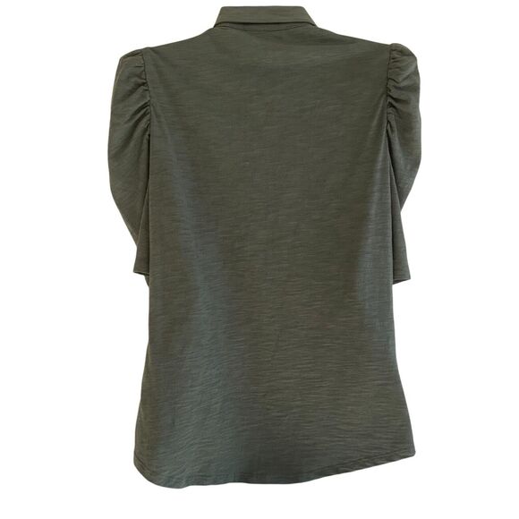 Chico’s Puff Sleeve Slub Cotton Modal Collared Henley Snap Dark Moss Size 0/S - Picture 2 of 10